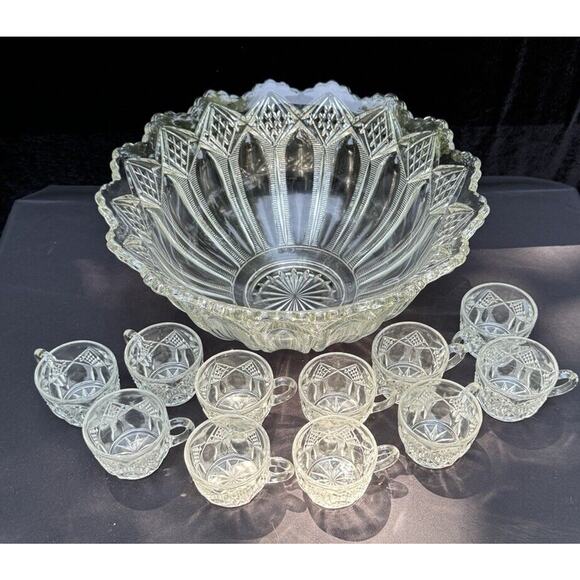 Gorgeous Antique DUNCAN & MILLER GLASS CO. No. 52 Punch Bowl & 11 Cups 1896-1910 - Picture 1 of 12